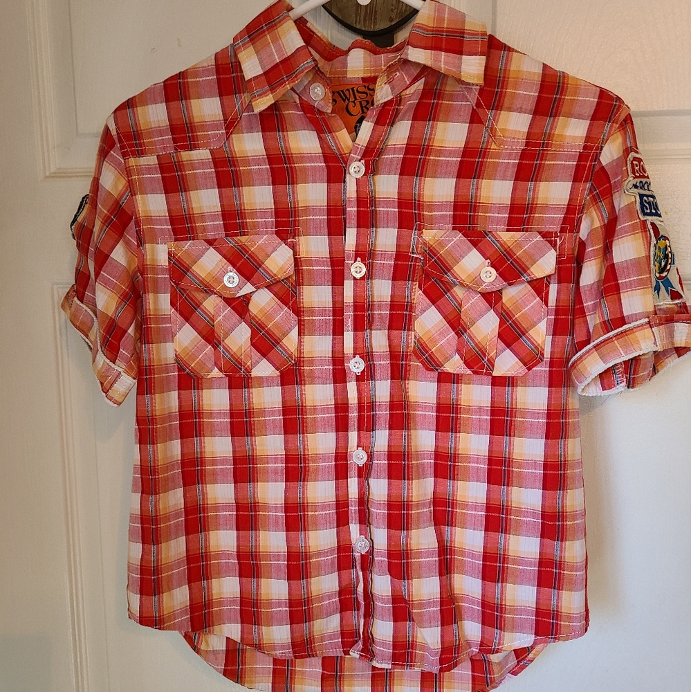 (1549) Swiss Cross Boys Casual Short Sleeve Shirt,  Size: 14/16 Color: Red
